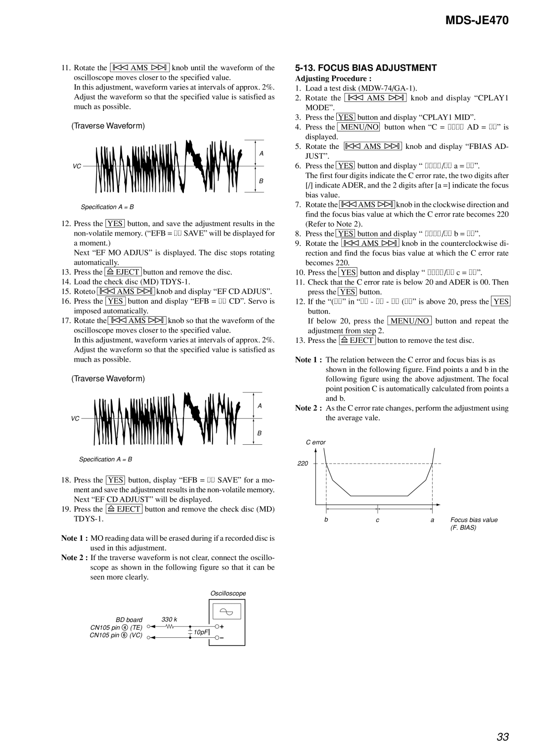 Sony MDS-S50 specifications Focus Bias Adjustment 