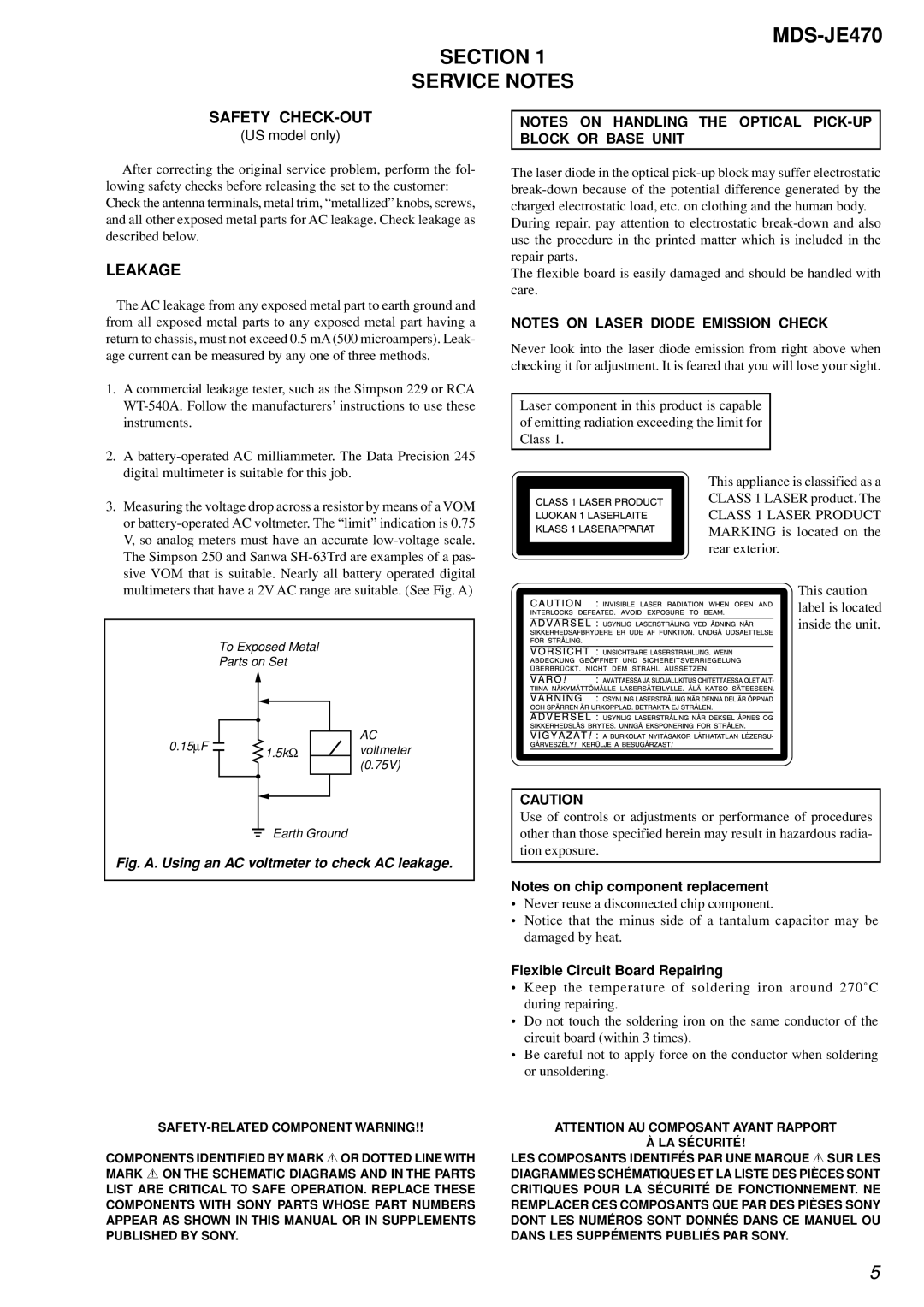 Sony MDS-S50 MDS-JE470 Section Service Notes, Safety CHECK-OUT, Leakage, US model only, Flexible Circuit Board Repairing 