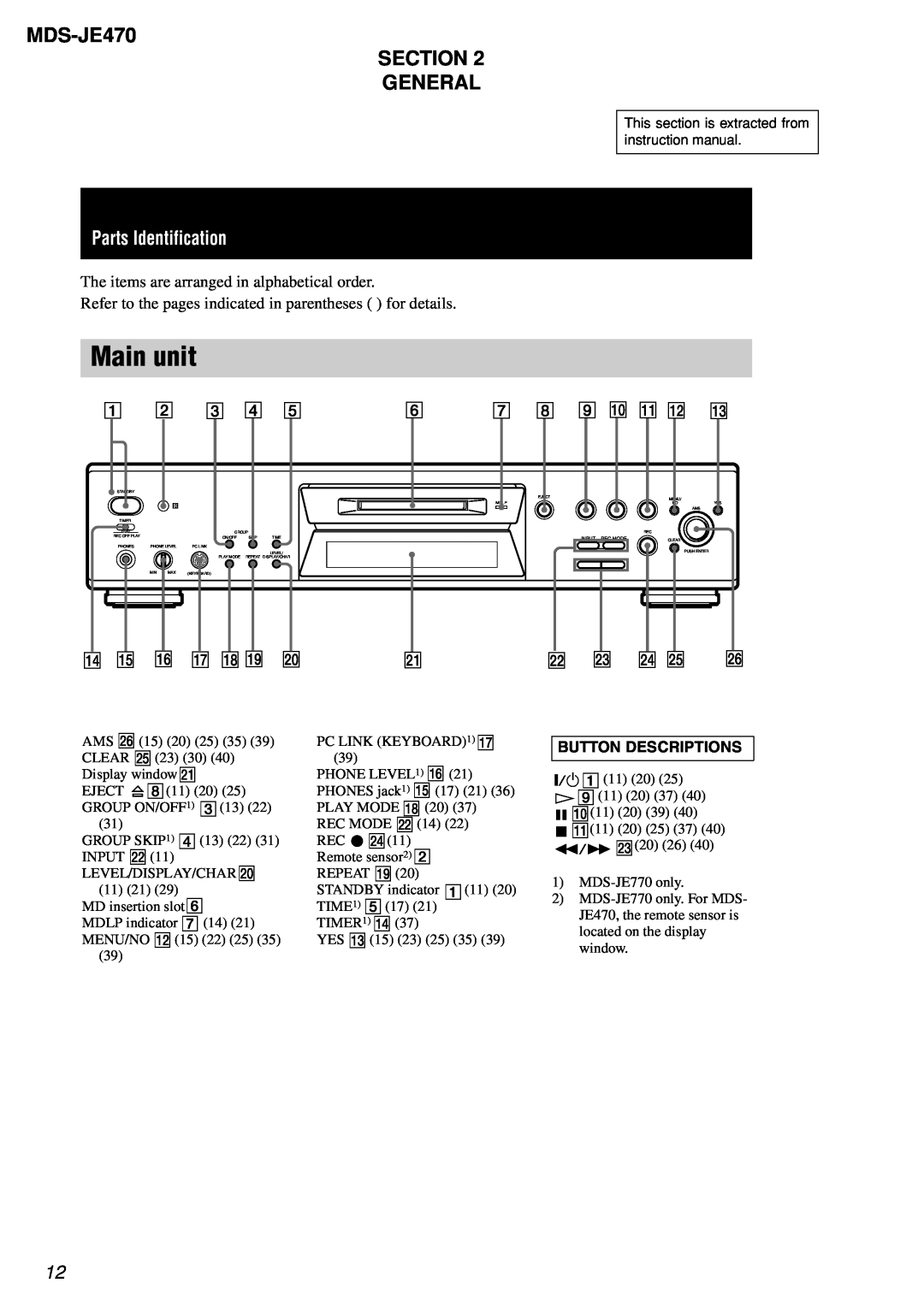 Sony MDS-S50 MDS-JE470 SECTION GENERAL, Button Descriptions, Main unit, Parts Identification, 6 7 8 9 0 qa qs qd 
