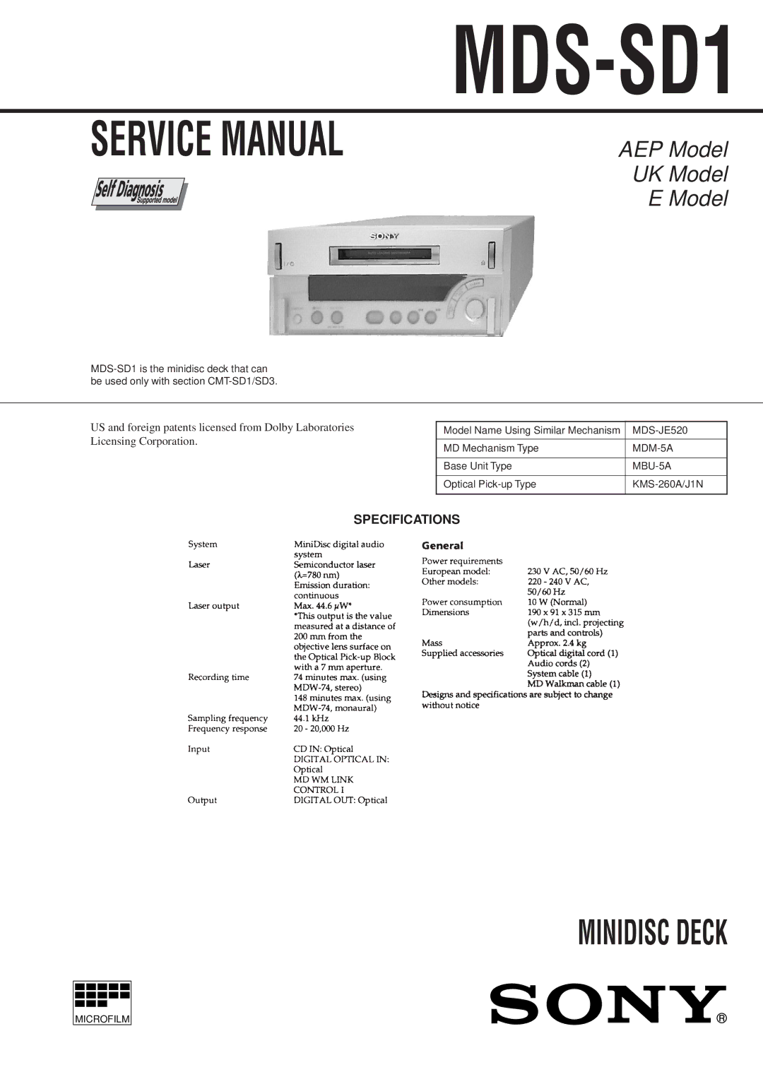 Sony MDS-SD1 service manual Specifications, MDS-JE520, MDM-5A, MBU-5A 