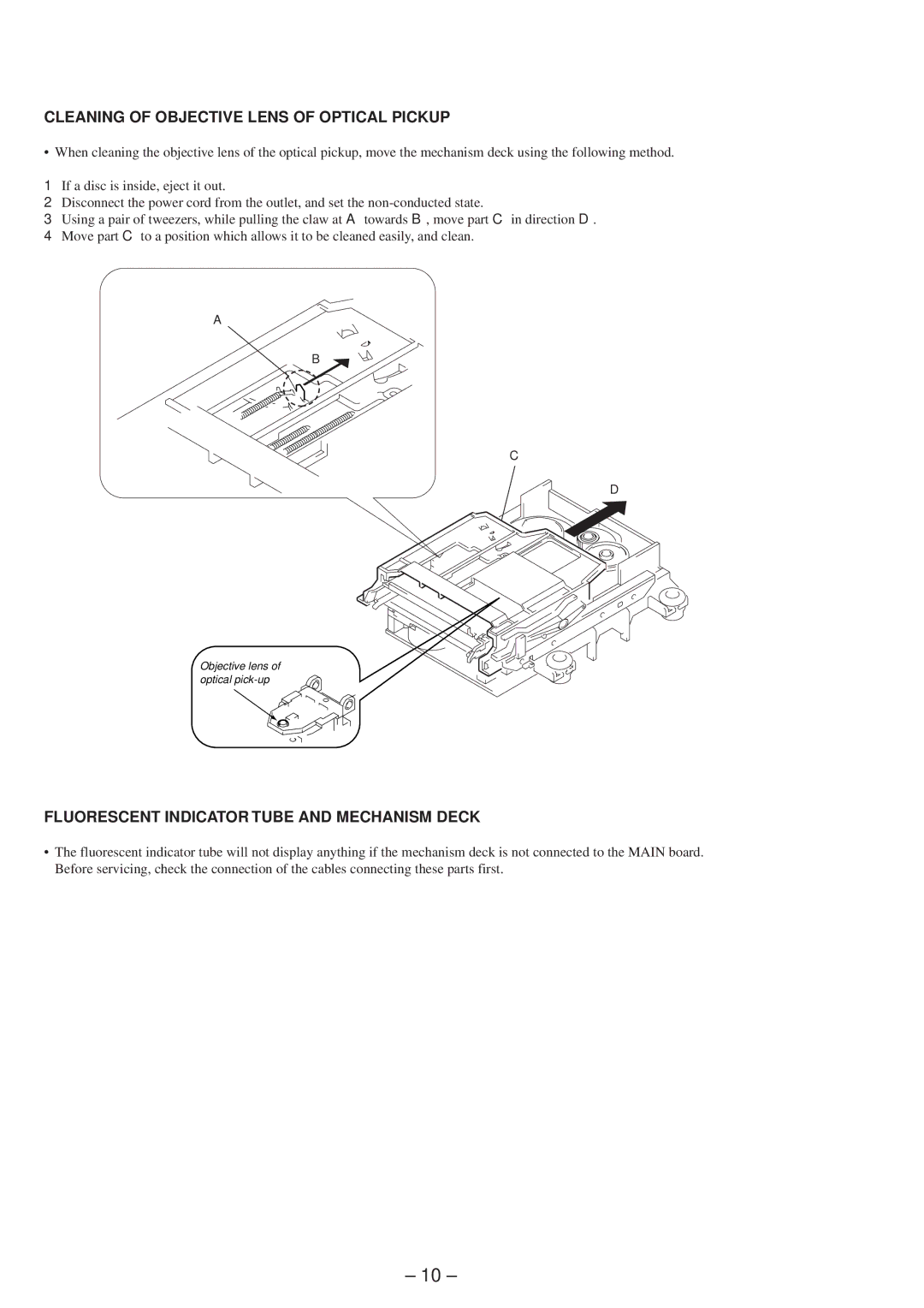 Sony MDS-SD1 service manual Cleaning of Objective Lens of Optical Pickup, Fluorescent Indicator Tube and Mechanism Deck 