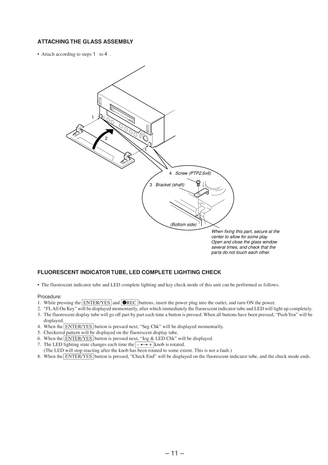 Sony MDS-SD1 service manual Attaching the Glass Assembly, Fluorescent Indicator TUBE, LED Complete Lighting Check 