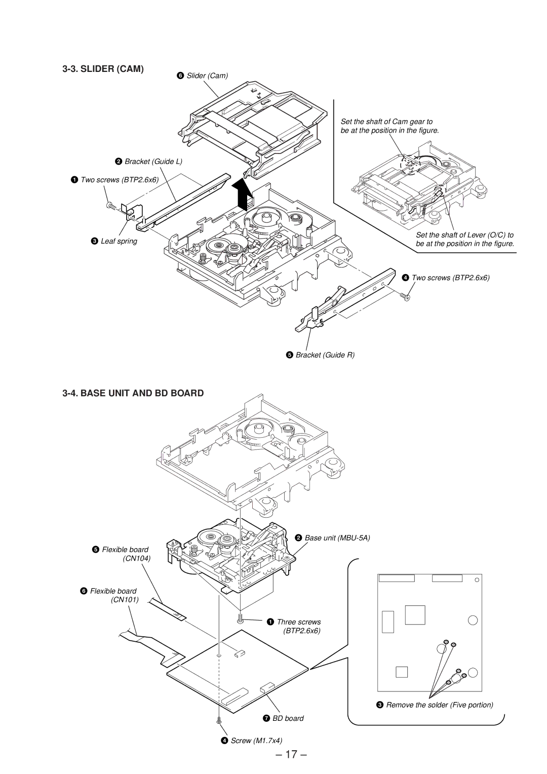 Sony MDS-SD1 service manual Slider CAM, Base Unit and BD Board 