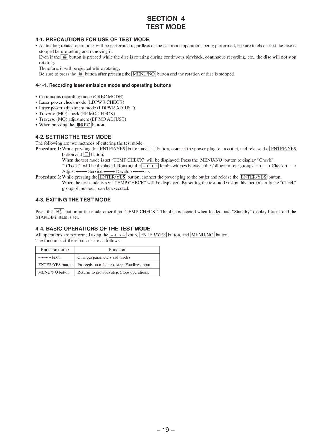 Sony MDS-SD1 Section Test Mode, Precautions for USE of Test Mode, Setting the Test Mode, Exiting the Test Mode 