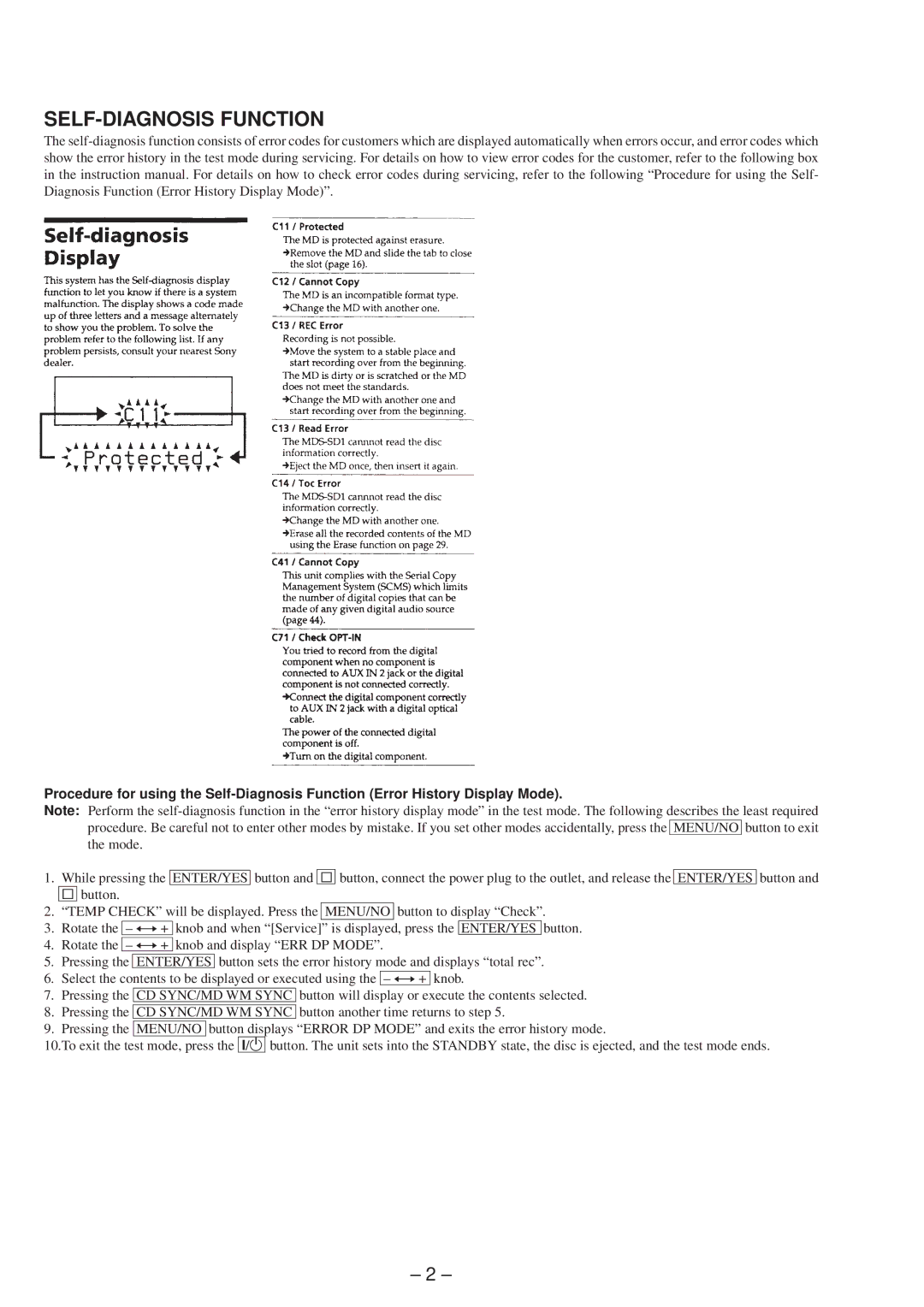 Sony MDS-SD1 service manual SELF-DIAGNOSIS Function 