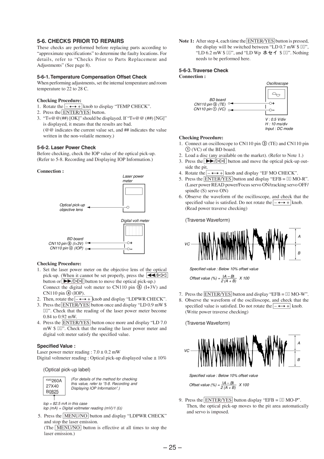 Sony MDS-SD1 Checks Prior to Repairs, Temperature Compensation Offset Check, Laser Power Check, Specified Value 