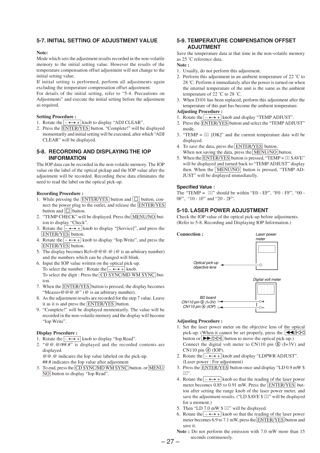 Sony MDS-SD1 Initial Setting of Adjustment Value, Recording and Displaying the IOP Information, Laser Power Adjustment 