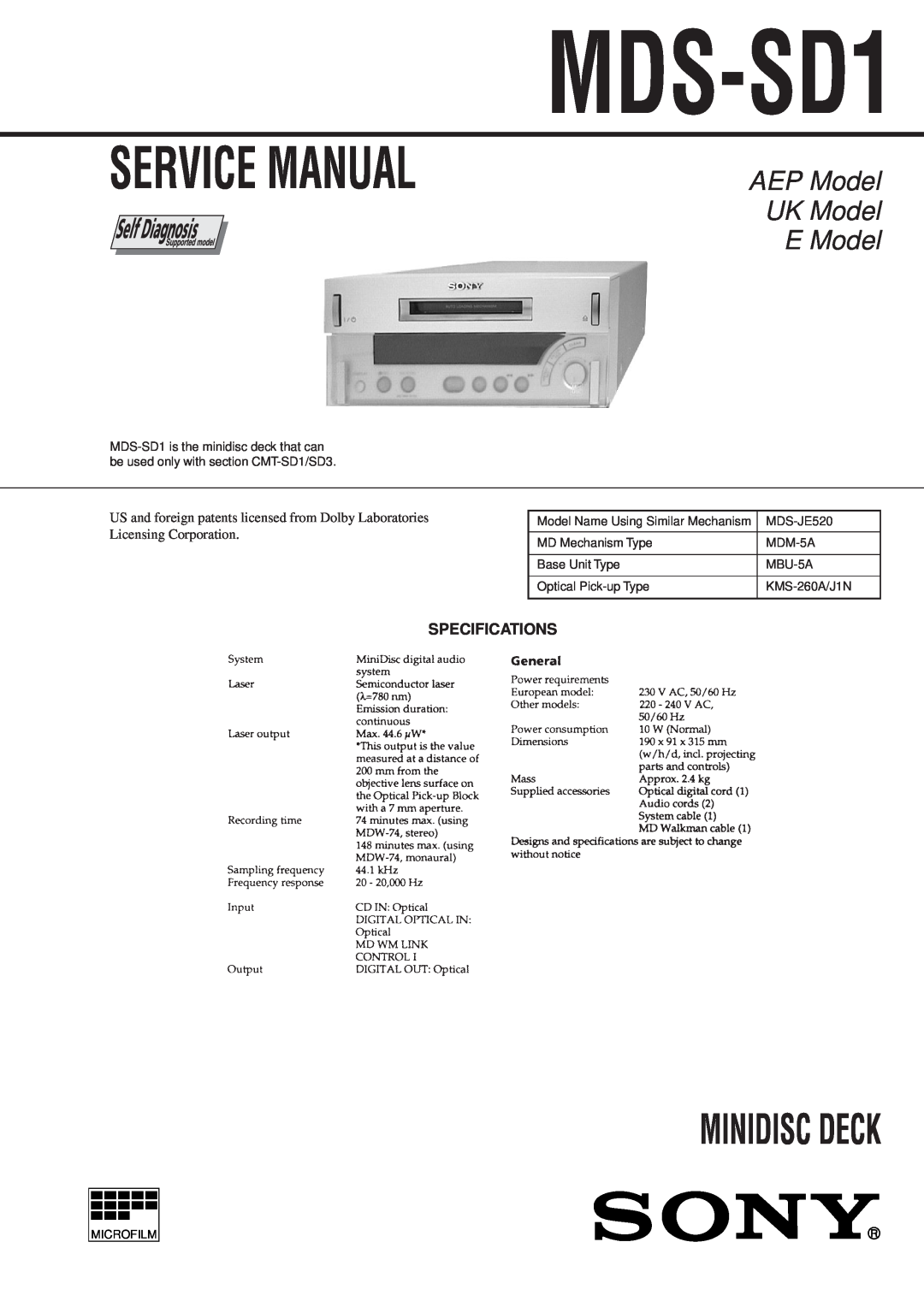 Sony MDS-SD1 service manual Specifications, Minidisc Deck, AEP Model UK Model E Model 