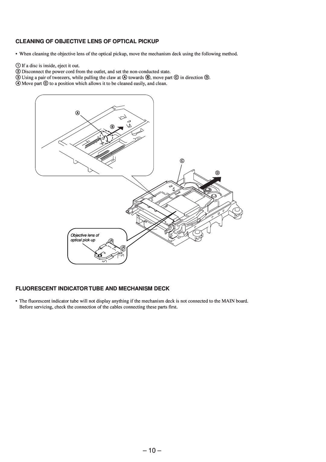 Sony MDS-SD1 service manual Cleaning Of Objective Lens Of Optical Pickup, Fluorescent Indicator Tube And Mechanism Deck 