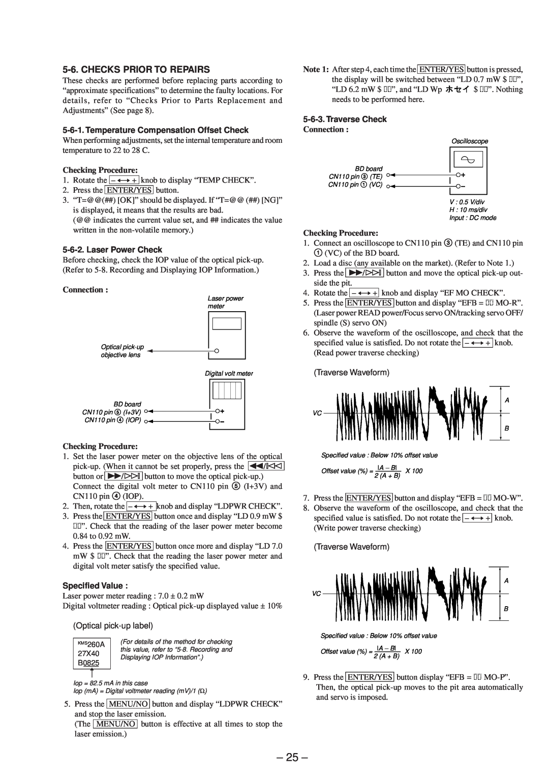 Sony MDS-SD1 Checks Prior To Repairs, Temperature Compensation Offset Check, Checking Procedure, Laser Power Check 