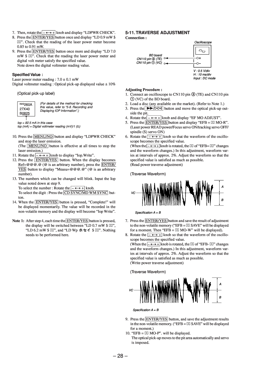 Sony MDS-SD1 service manual Traverse Adjustment, Specified Value, Connection, Adjusting Procedure 