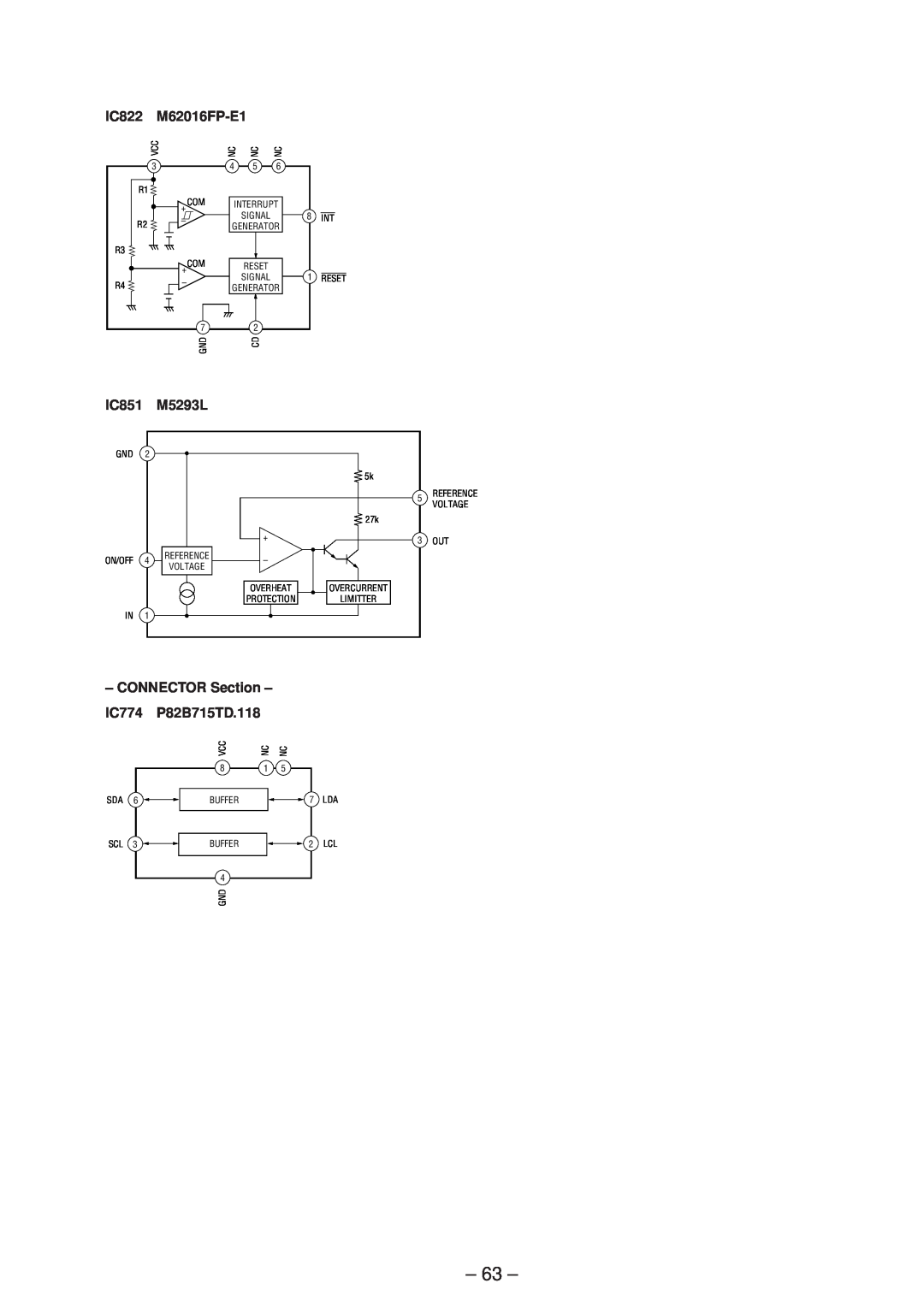 Sony MDS-SD1 service manual IC822, M62016FP-E1, IC851, M5293L, CONNECTOR Section, IC774, P82B715TD.118 