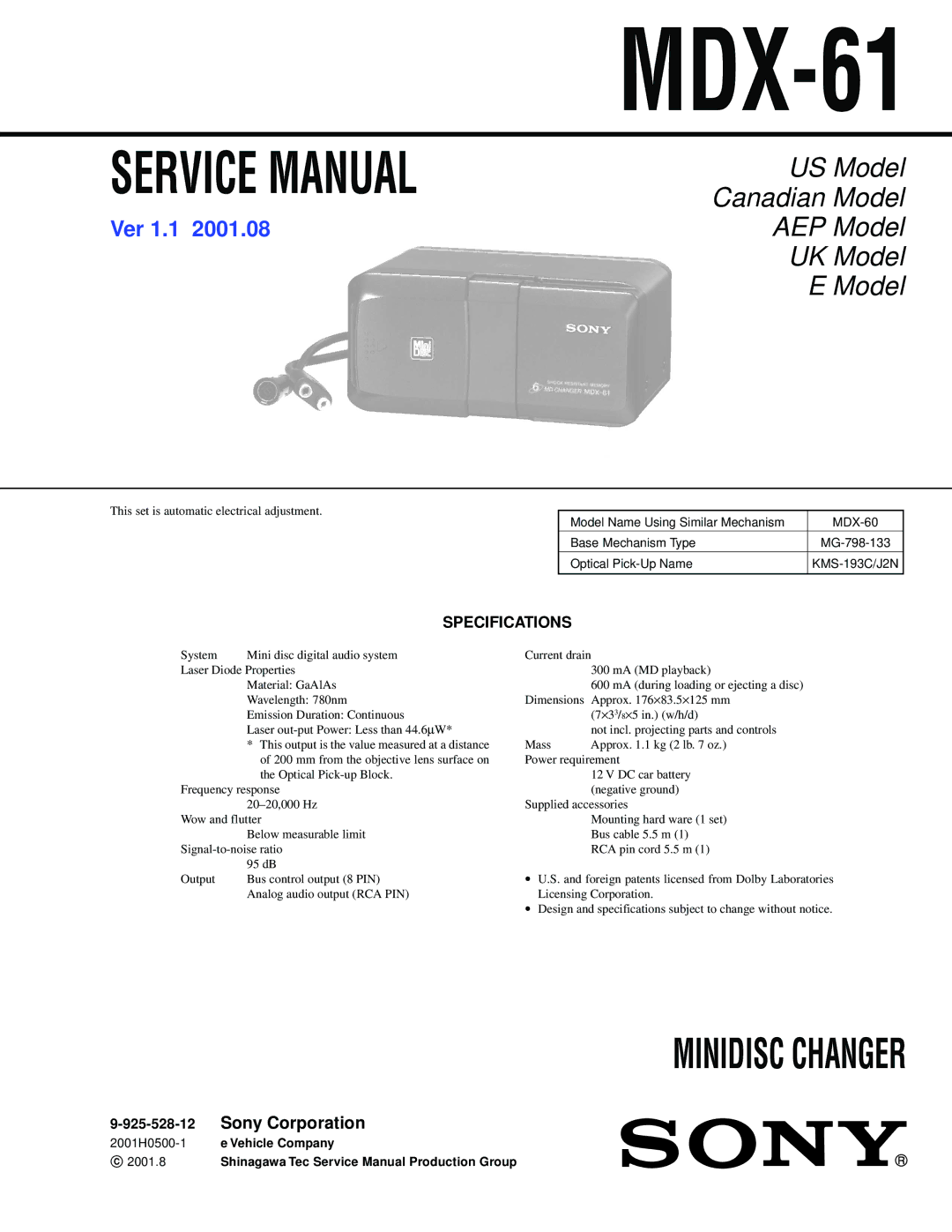 Sony MDX-61 service manual Specifications 