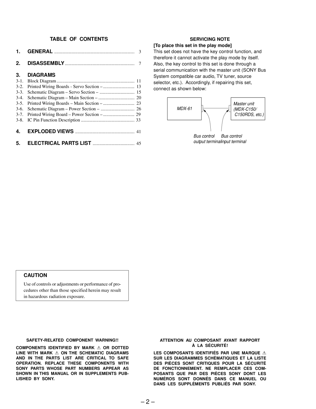 Sony MDX-61 service manual Table of Contents, Diagrams, Exploded Views Electrical Parts List 