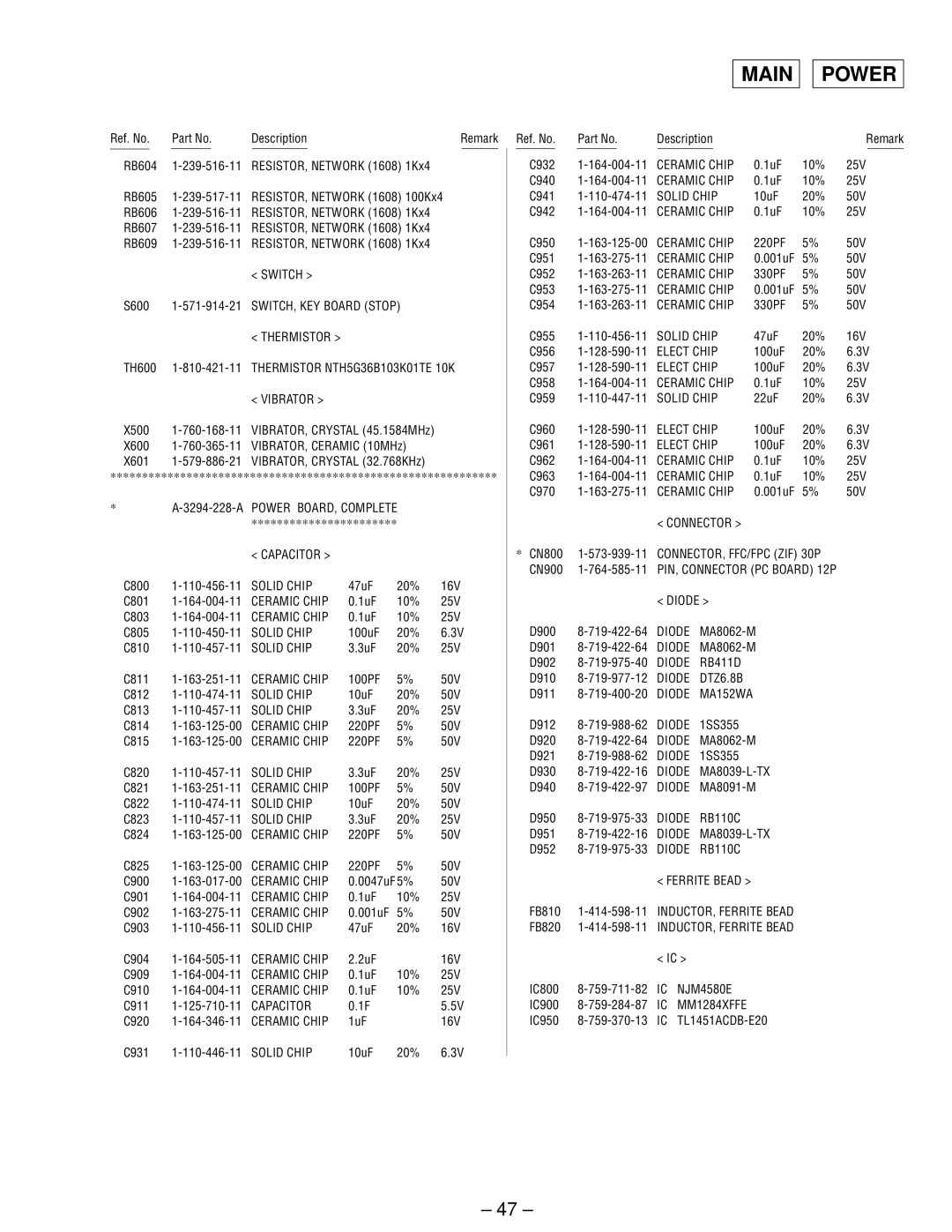 Sony MDX-61 service manual Main Power, RB604 1-239-516-11 RESISTOR, Network 1608 1Kx4 