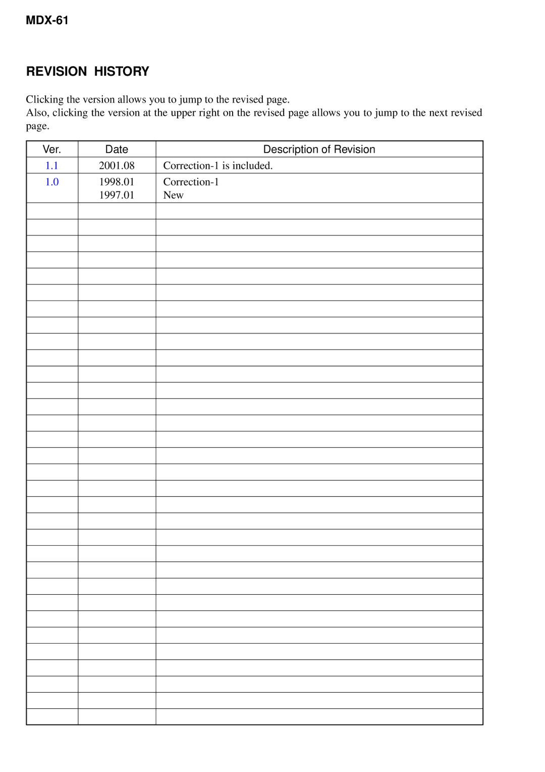 Sony MDX-61 service manual Revision History 