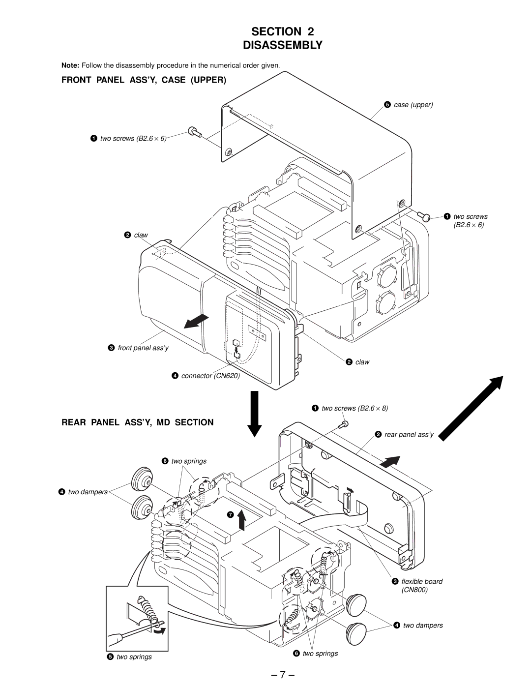 Sony MDX-61 service manual Section Disassembly, Front Panel ASS’Y, Case Upper, Rear Panel ASS’Y, MD Section 