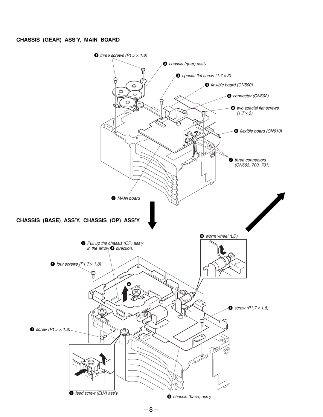 Sony MDX-61 service manual Chassis Gear ASS’Y, Main Board, Chassis Base ASS’Y, Chassis OP ASS’Y 