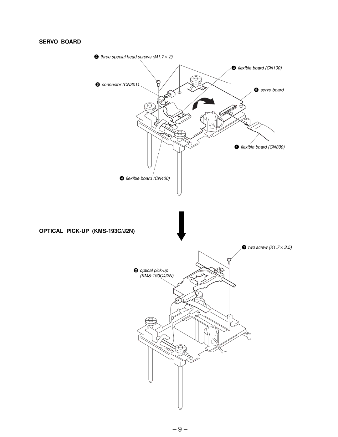 Sony MDX-61 service manual Servo Board, Optical PICK-UP KMS-193C/J2N 