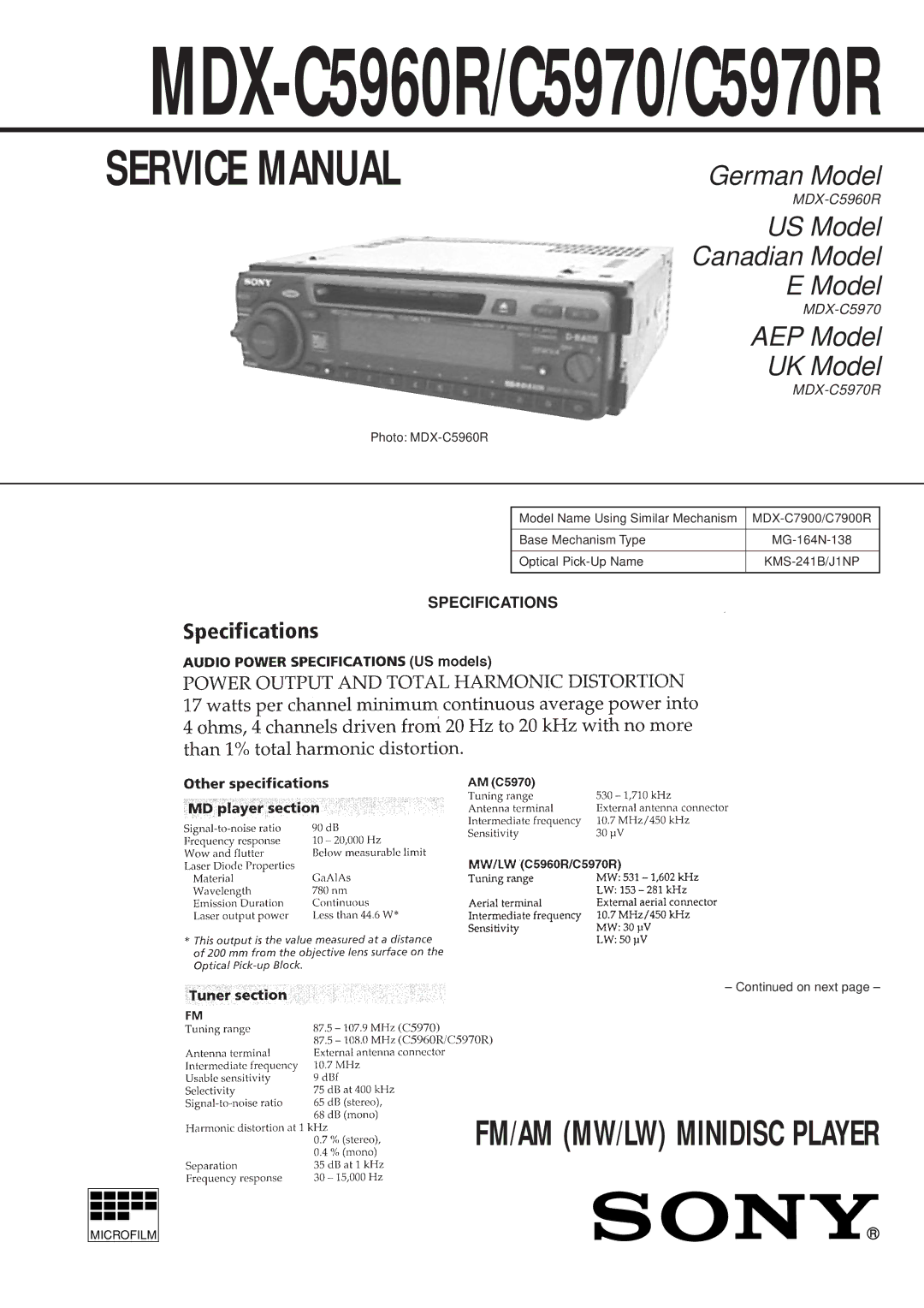 Sony MDX-C5970R service manual MDX-C5960R/C5970/C5970R, Specifications 