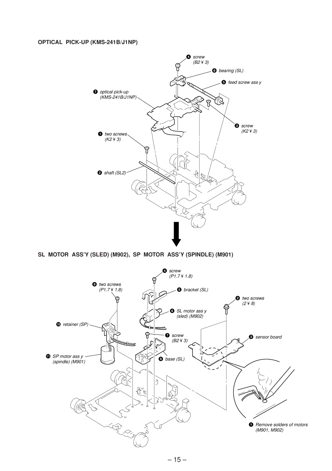 Sony MDX-C5970R service manual Optical PICK-UP KMS-241B/J1NP, SL Motor ASS’Y Sled M902, SP Motor ASS’Y Spindle M901 