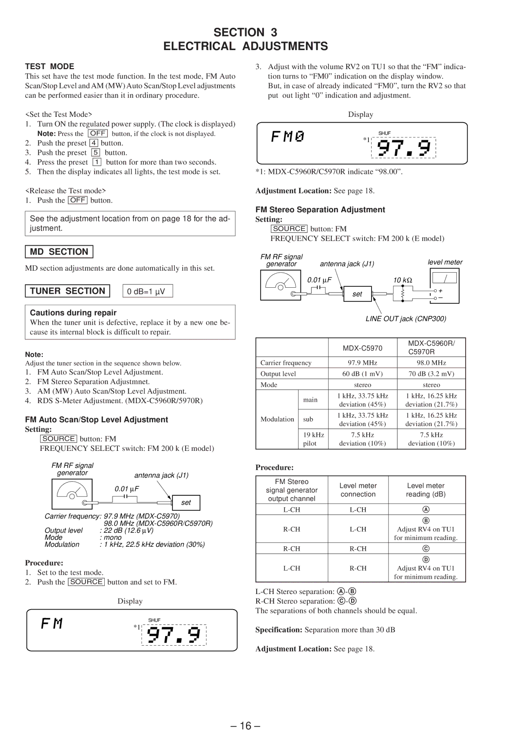 Sony MDX-C5970R MD Section, Tuner Section, FM Auto Scan/Stop Level Adjustment, FM Stereo Separation Adjustment 