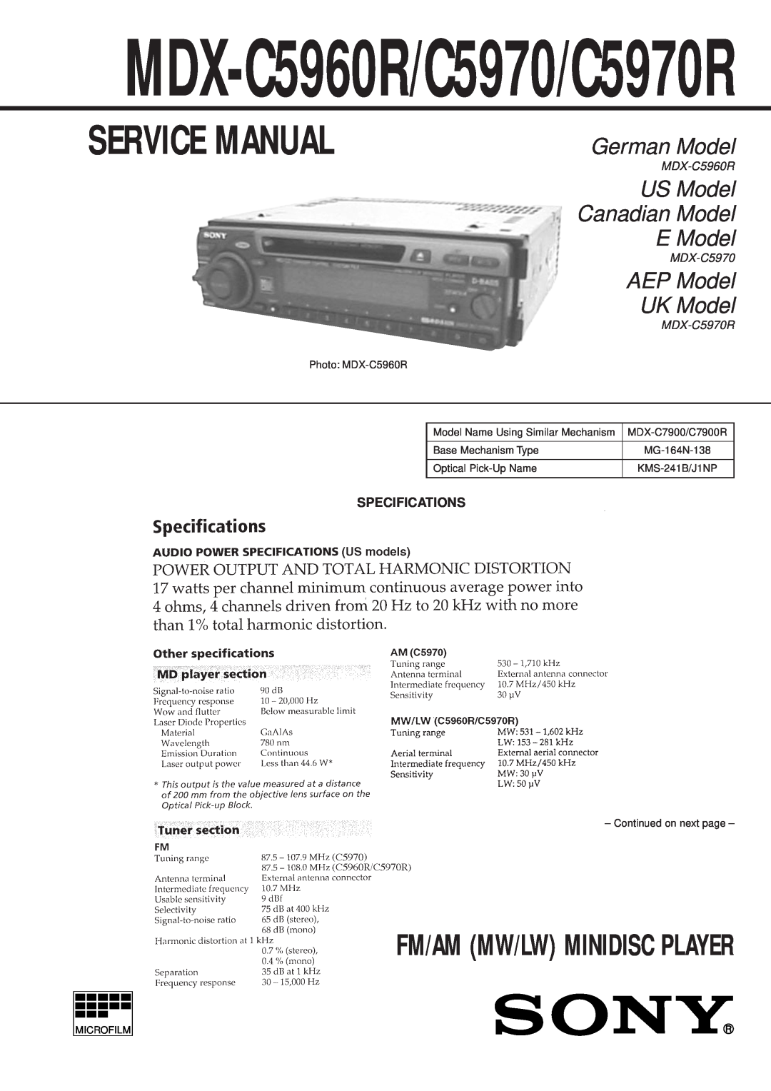Sony MDX-C5970 service manual Specifications, MDX-C5960R/C5970/C5970R, Service Manual, German Model, AEP Model UK Model 