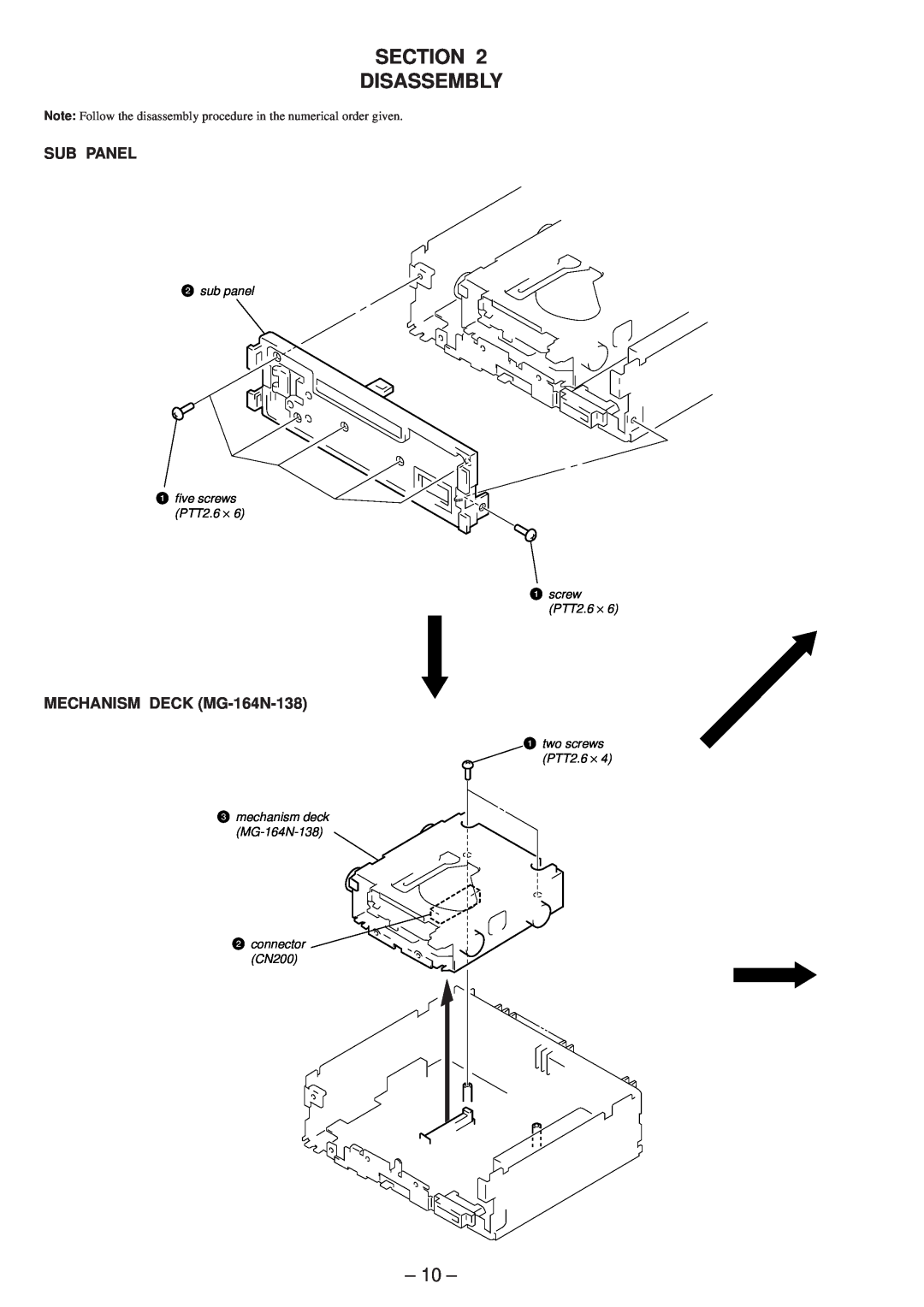 Sony MDX-C5970R service manual Section Disassembly, 10, Sub Panel, MECHANISM DECK MG-164N-138 