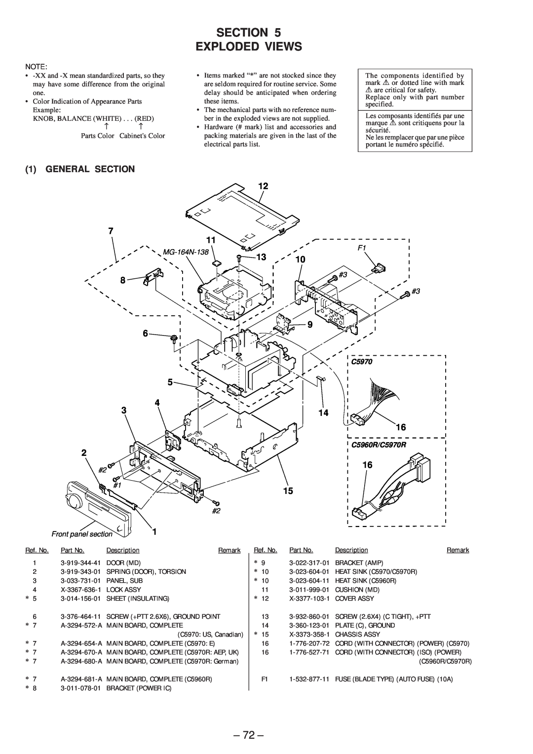 Sony MDX-C5970R service manual Section Exploded Views, 72, 1GENERAL 11, 5 4 3 2, 14 16, 16 15, C5960R/C5970R 