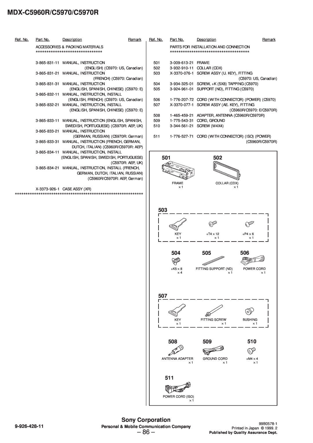 Sony MDX-C5970R service manual 86, 501502, MDX-C5960R/C5970/C5970R, Sony Corporation 