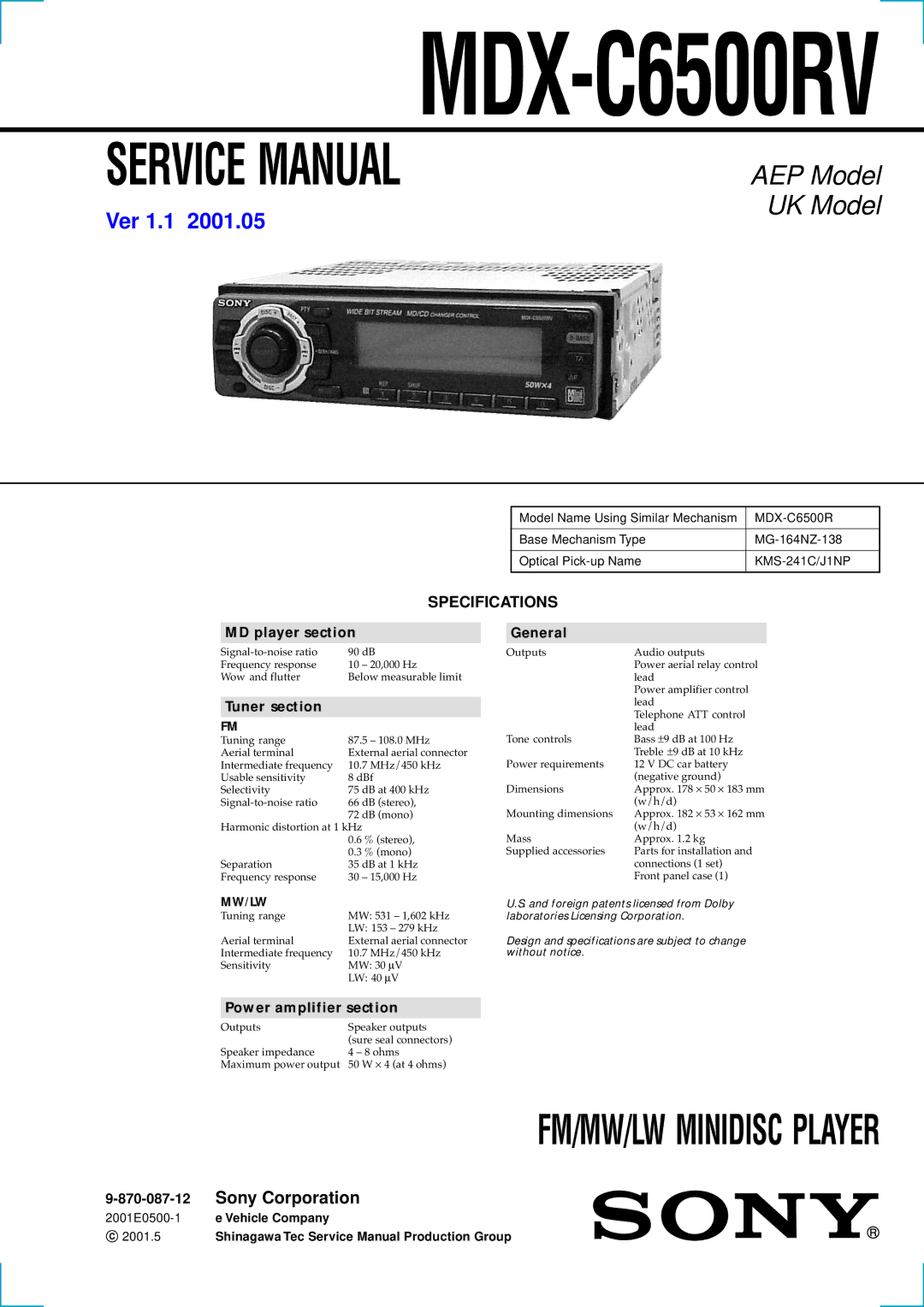 Sony MDX-C6500RV service manual Specifications, 870-087-12 