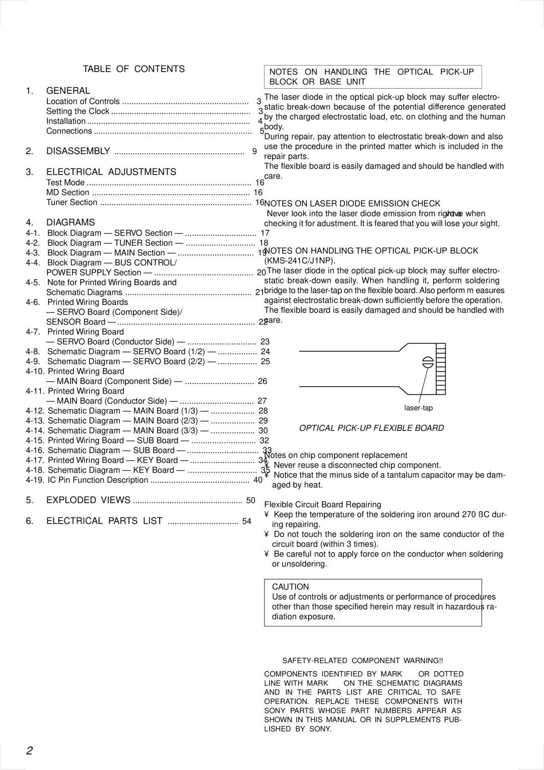 Sony MDX-C6500RV Table of Contents General, Electrical Adjustments, Diagrams, Flexible Circuit Board Repairing 