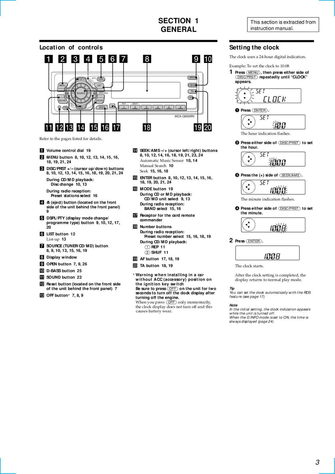 Sony MDX-C6500RV service manual Section General, Setting the clock 