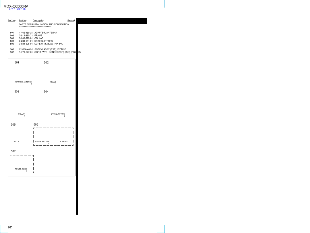 Sony MDX-C6500RV service manual 501502, 503504, 505506, 507, Parts for Installation and Connection 