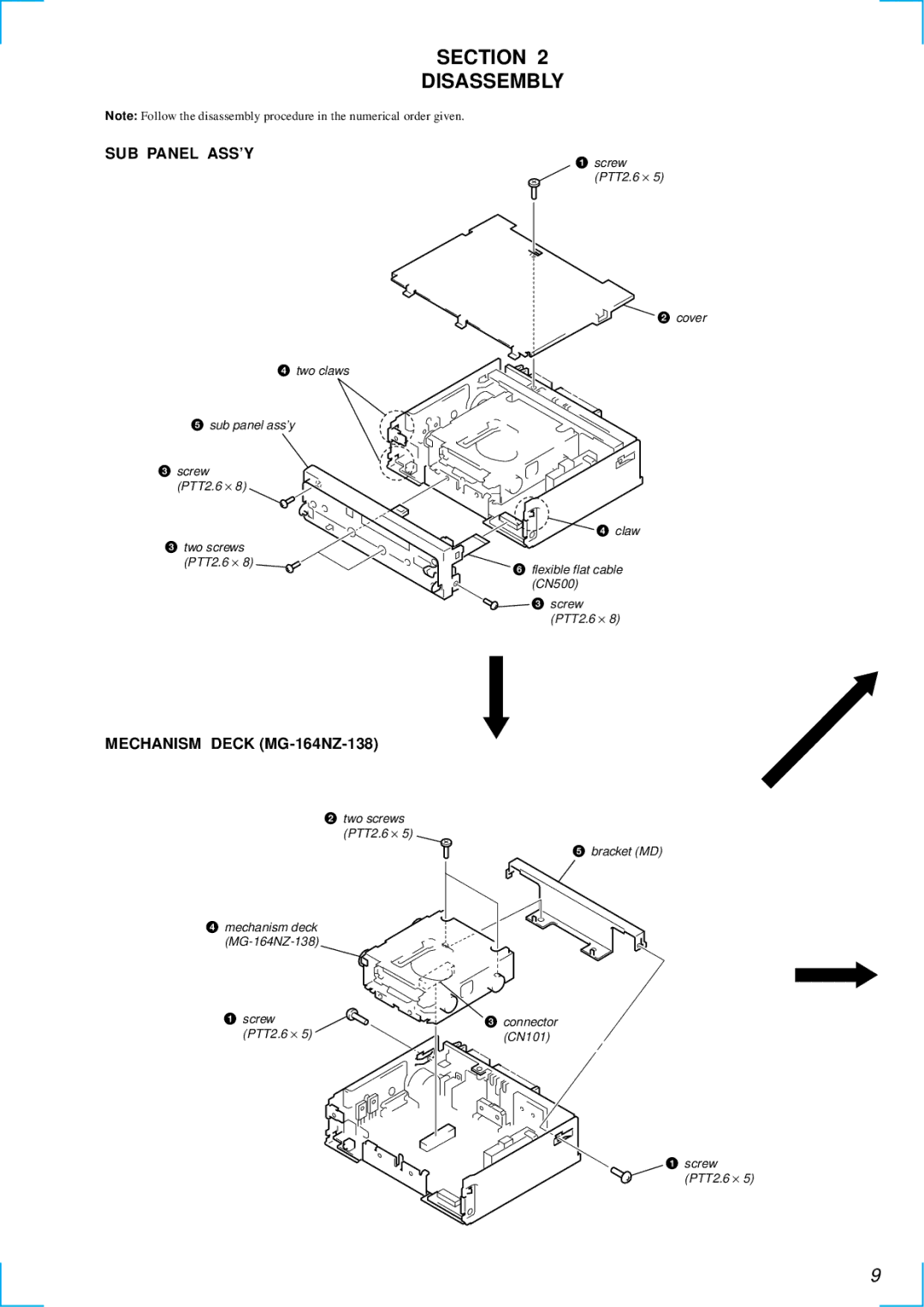 Sony MDX-C6500RV service manual Section Disassembly, SUB Panel ASS’Y, Mechanism Deck MG-164NZ-138 