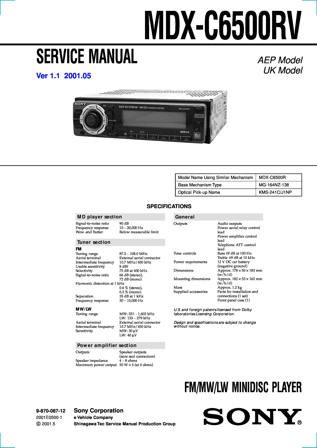 Sony MDX-C6500RV service manual Specifications, 9-870-087-12, Fm/Mw/Lw Minidisc Player, AEP Model, UK Model, Ver, General 