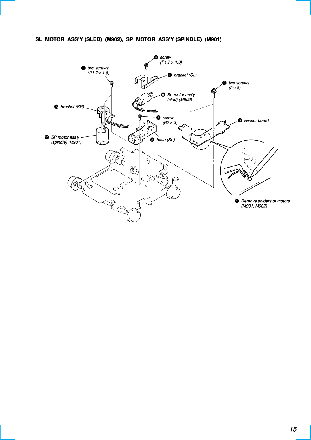 Sony MDX-C6500RV service manual two screws P1.7 ⋅ 0bracket SP, qa SP motor ass’y spindle M901, 4screw P1.7 ⋅ 5 bracket SL 