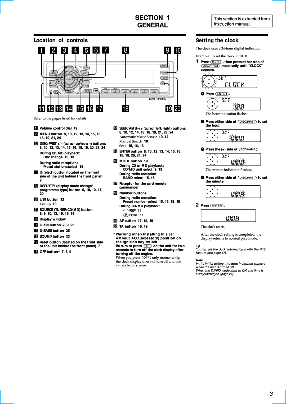 Sony MDX-C6500RV service manual SECTION GENERAL Location of controls, Setting the clock 
