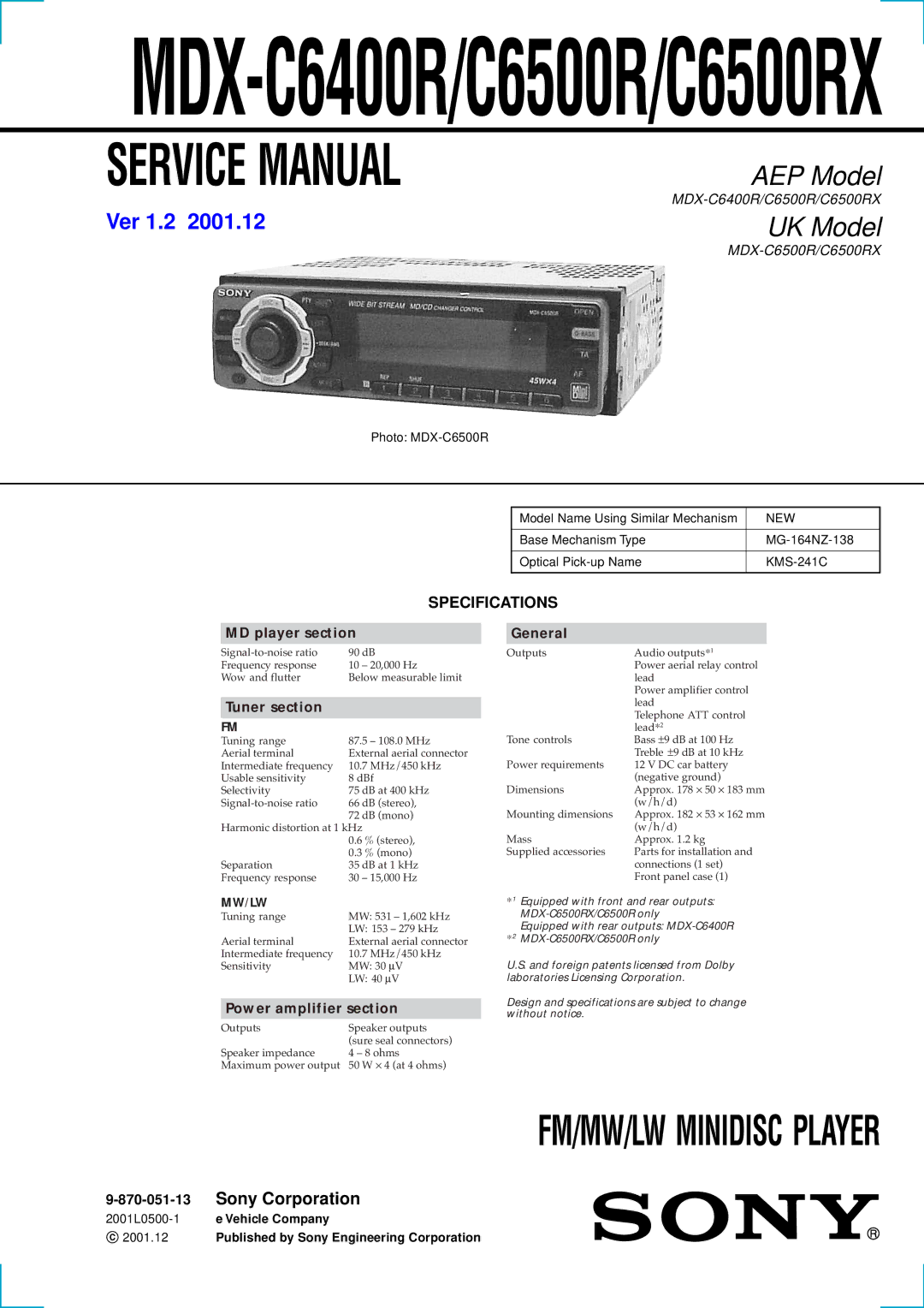 Sony MDX-C6500RX service manual Specifications, New 