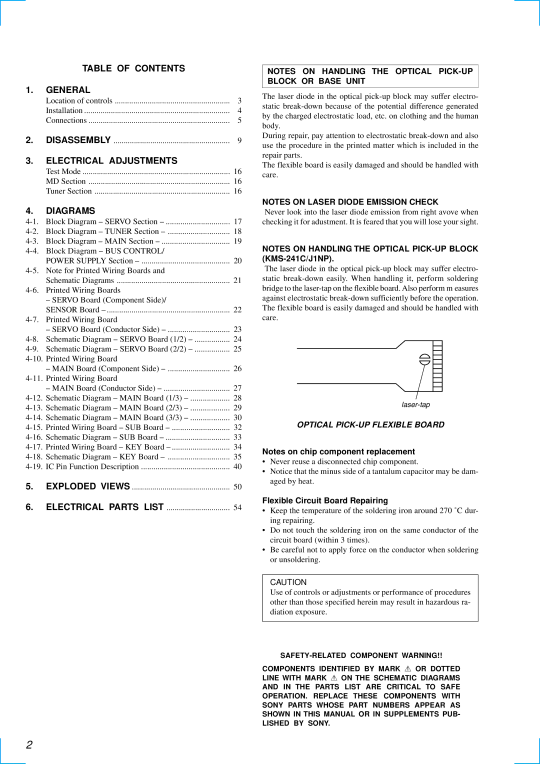 Sony MDX-C6500RX service manual Table of Contents General, Electrical Adjustments, Diagrams, Disassembly 