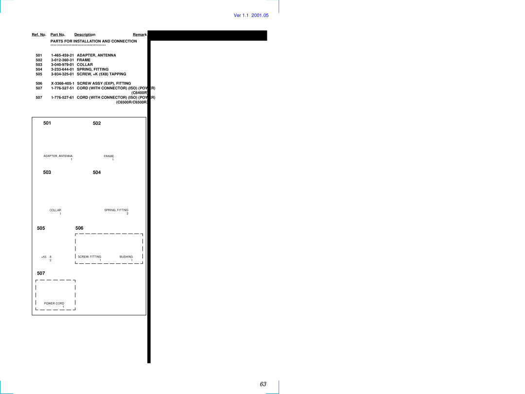 Sony MDX-C6500RX service manual Ver 1.1, Parts for Installation and Connection 