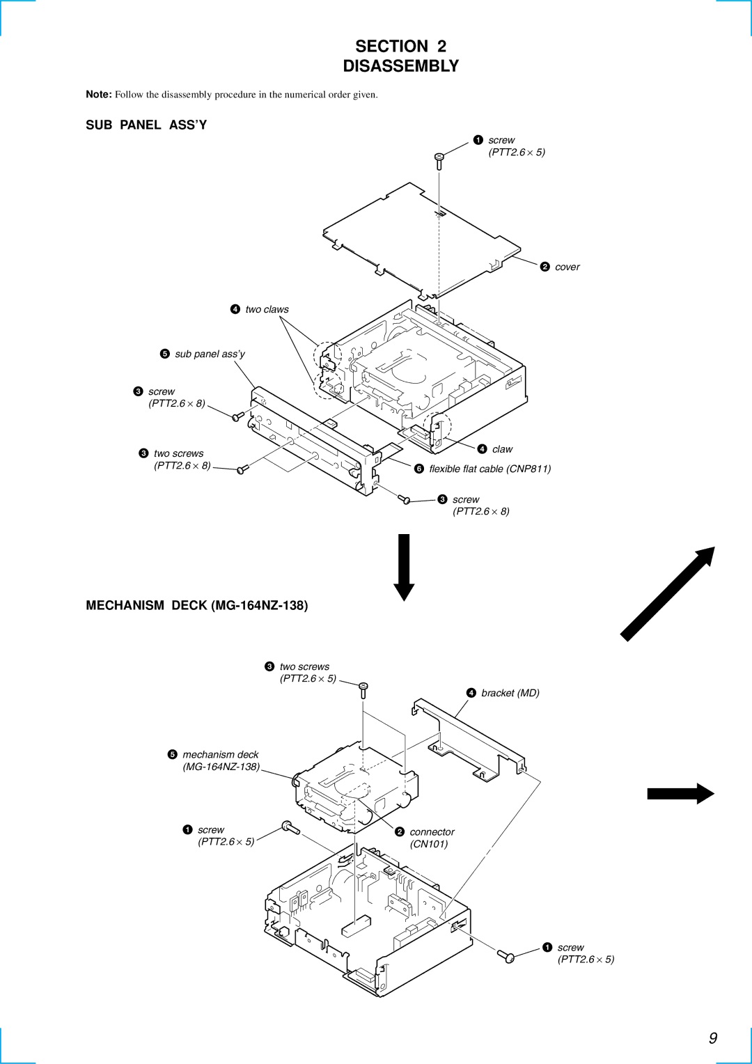 Sony MDX-C6500RX service manual Section Disassembly, SUB Panel ASS’Y, Mechanism Deck MG-164NZ-138 