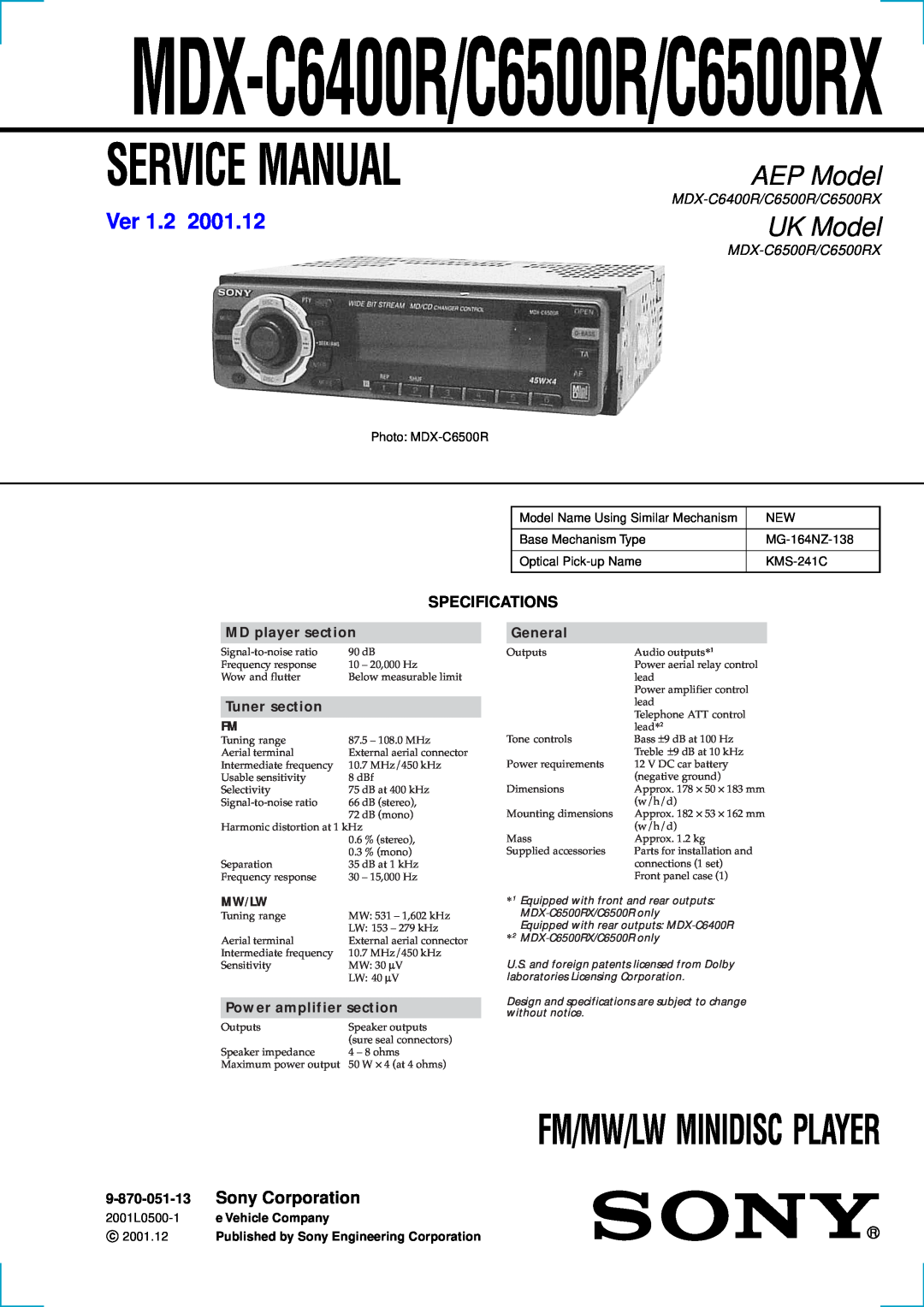 Sony MDX-C6500R service manual Specifications, MDX-C6400R/C6500R/C6500RX, Fm/Mw/Lw Minidisc Player, AEP Model, UK Model 