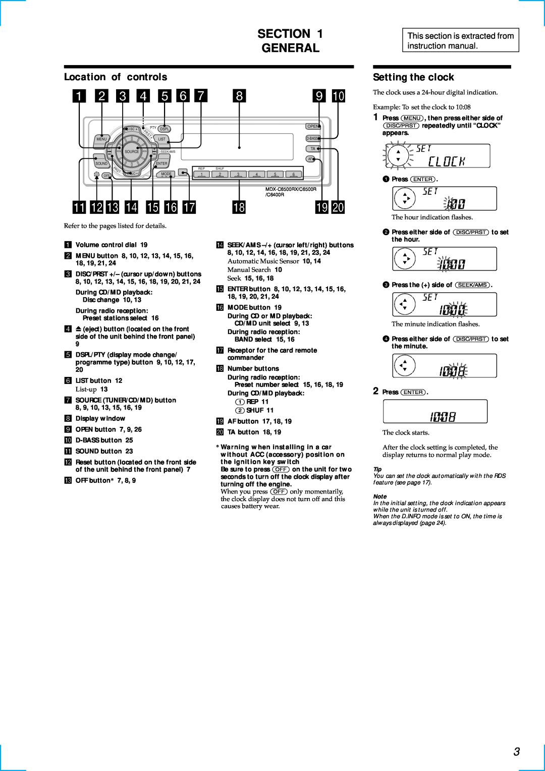 Sony MDX-C6500RX service manual SECTION GENERAL Location of controls, Setting the clock 