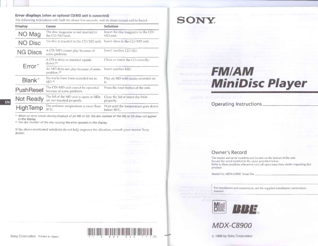 Sony MDX-C8900 manual 