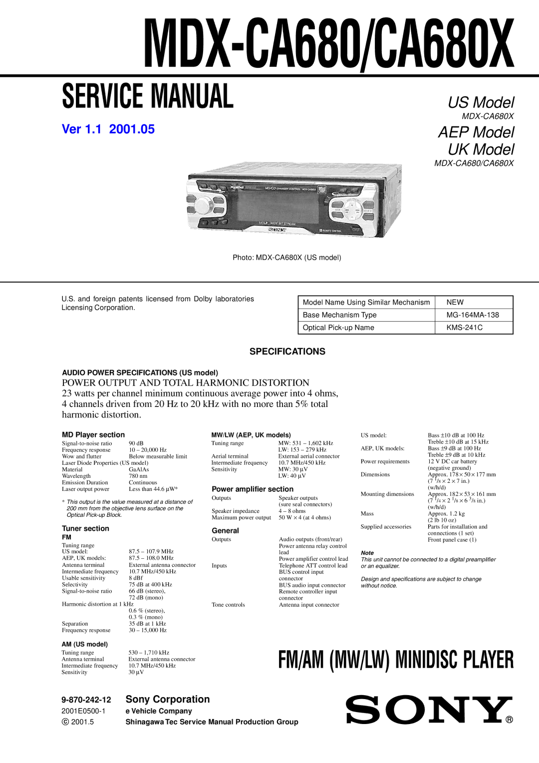 Sony service manual MDX-CA680/CA680X, Specifications 