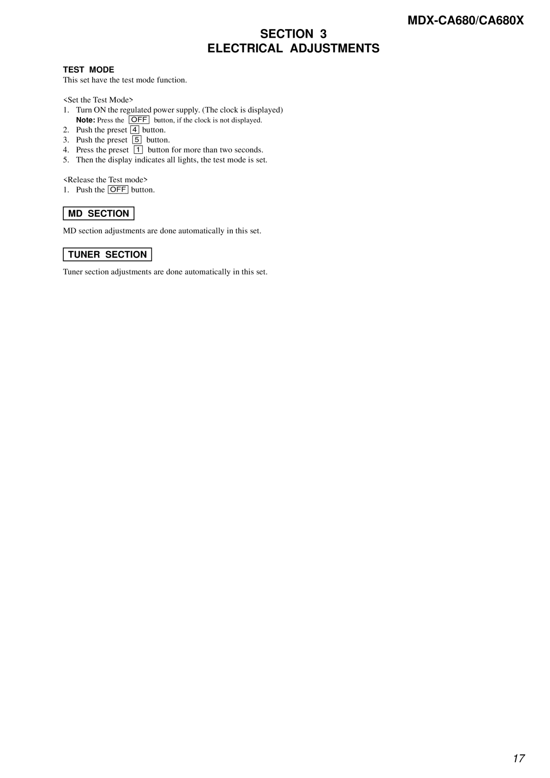 Sony MDX-CA680 service manual Section Electrical Adjustments, MD Section, Tuner Section 