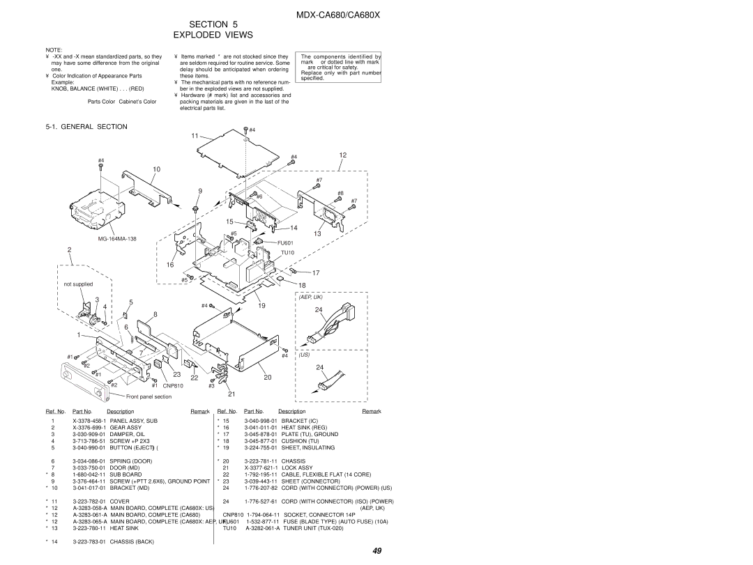 Sony MDX-CA680 service manual Section Exploded Views, General Section 