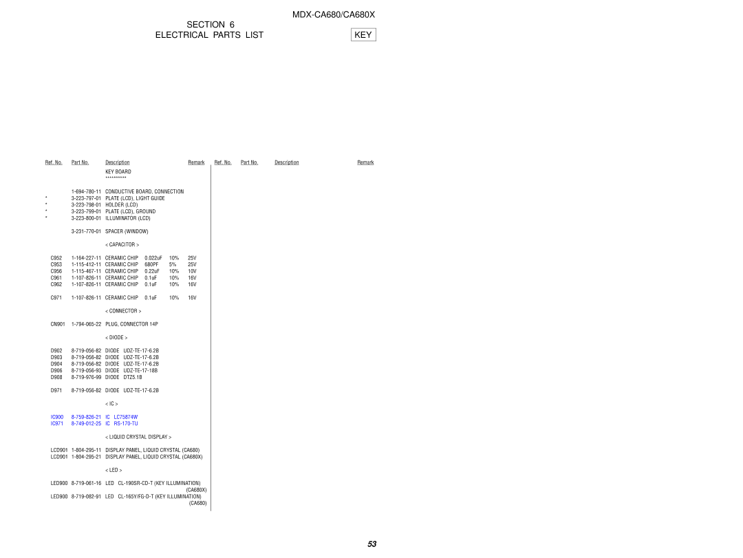 Sony MDX-CA680 service manual Section Electrical Parts List, Key 