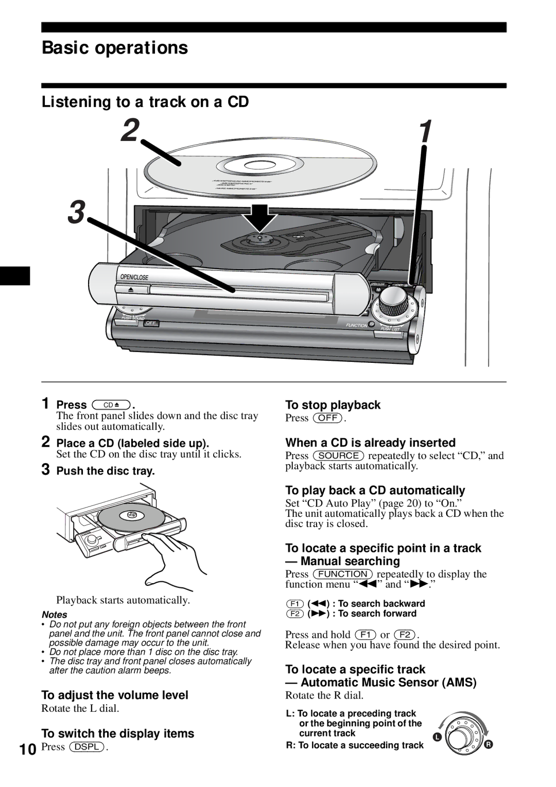 Sony MEX-1HD operating instructions Basic operations, Listening to a track on a CD 